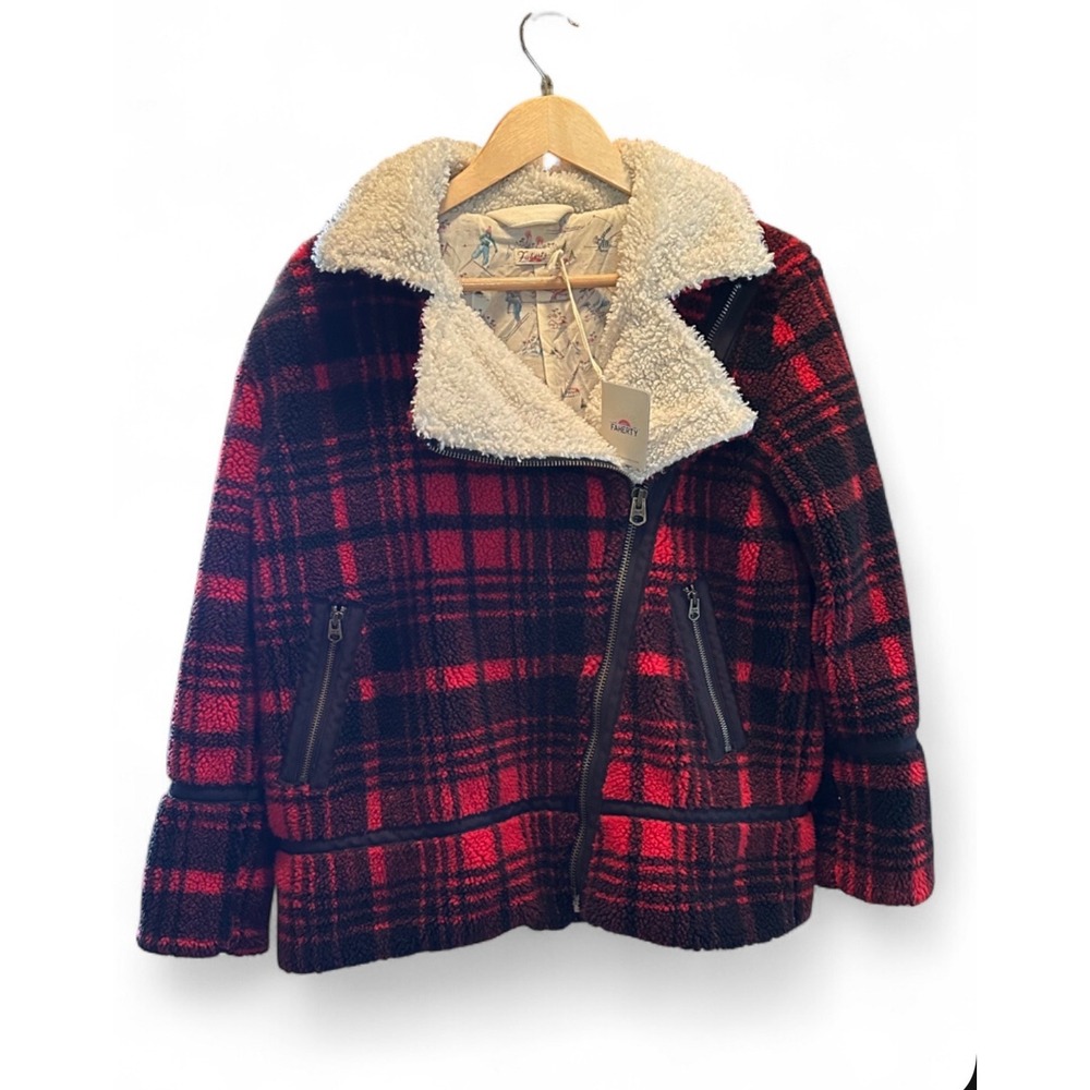 Faherty Montana Coat Mountain Plaid Sherpa Moto Jacket Red Black XS NWT